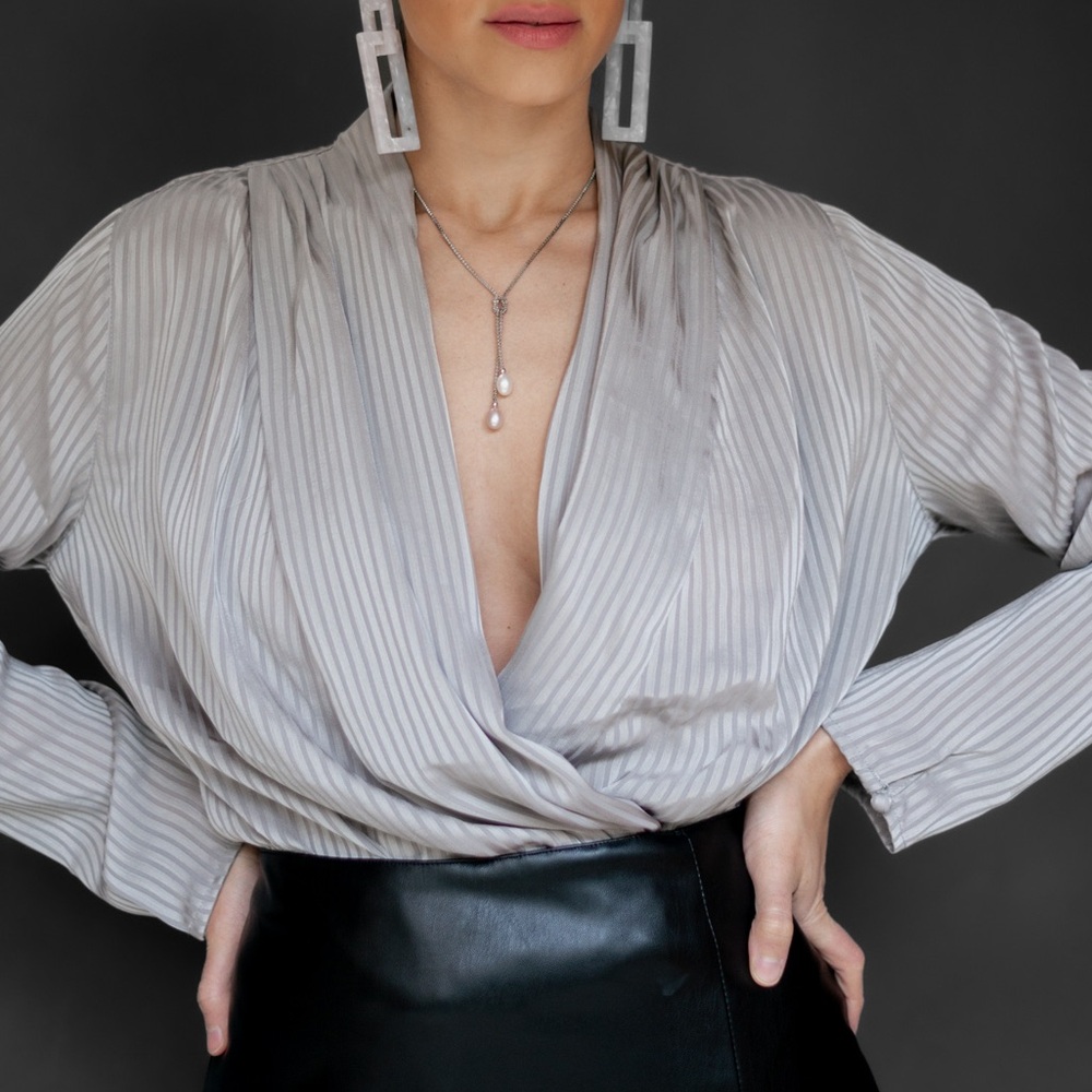Dress Forum Gray Pleated Long Sleeve Bodysuit